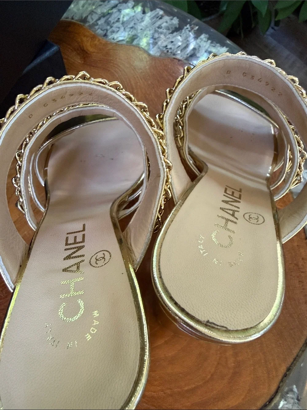 CHANEL Gold Chain-Trim High Block Heel Mules